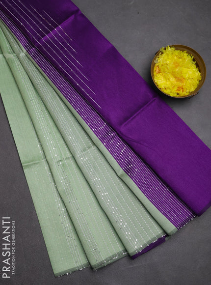 Semi dupion saree pastel green and violet with allover sequin work in borderless style