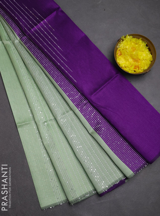 Semi dupion saree pastel green and violet with allover sequin work in borderless style