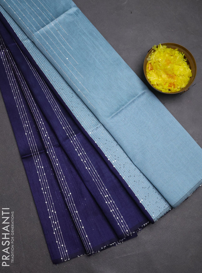 Semi dupion saree navy blue and pastel blue with allover sequin work in borderless style
