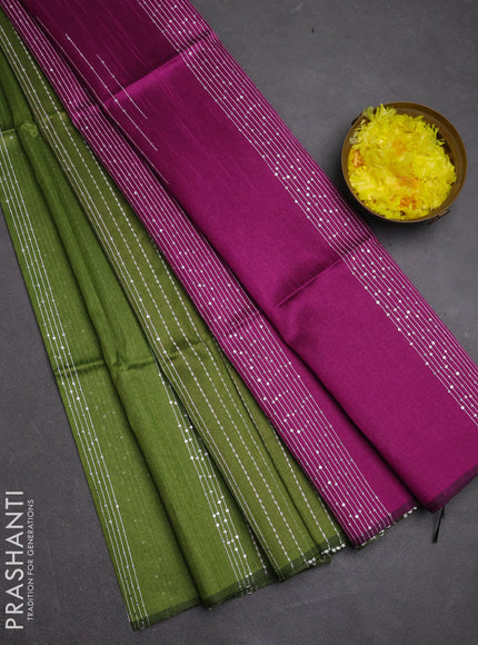 Semi dupion saree green and purple with allover sequin work in borderless style