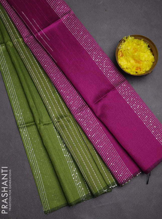 Semi dupion saree green and purple with allover sequin work in borderless style