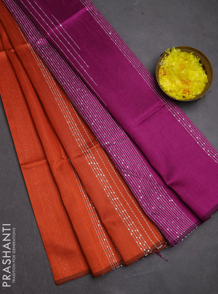 Semi dupion saree orange and purple with allover sequin work in borderless style