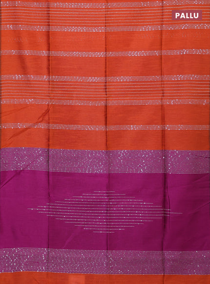 Semi dupion saree orange and purple with allover sequin work in borderless style