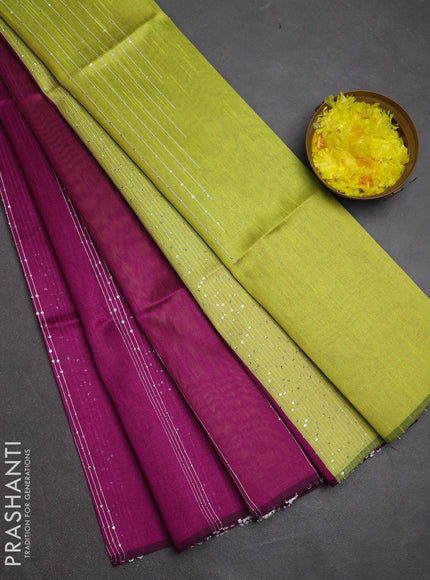 Semi dupion saree purple and lime green with allover sequin work in borderless style