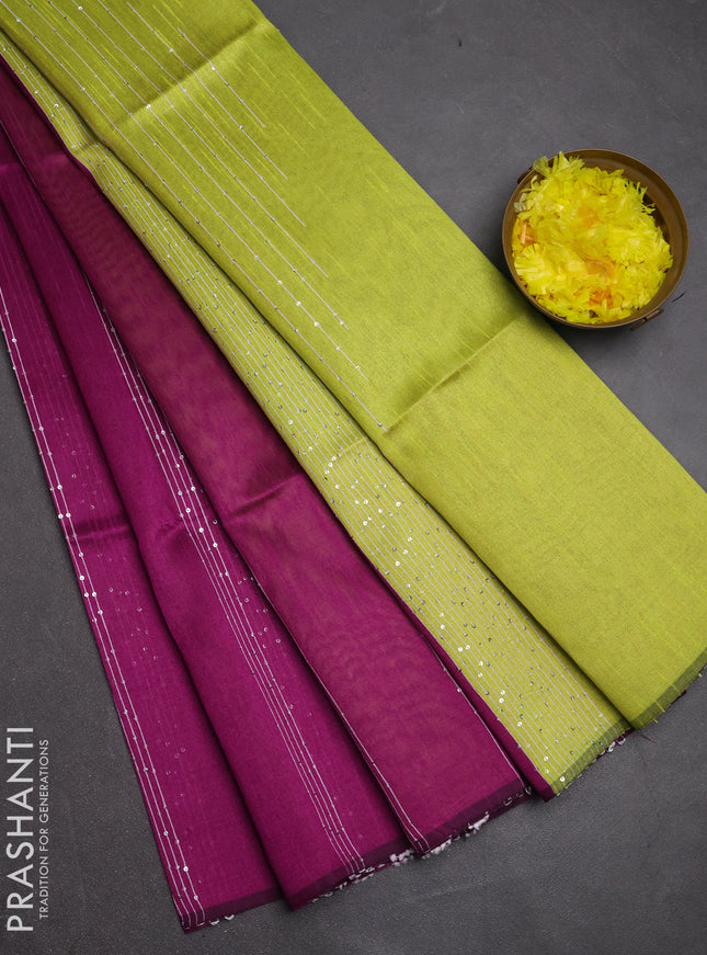 Semi dupion saree purple and lime green with allover sequin work in borderless style