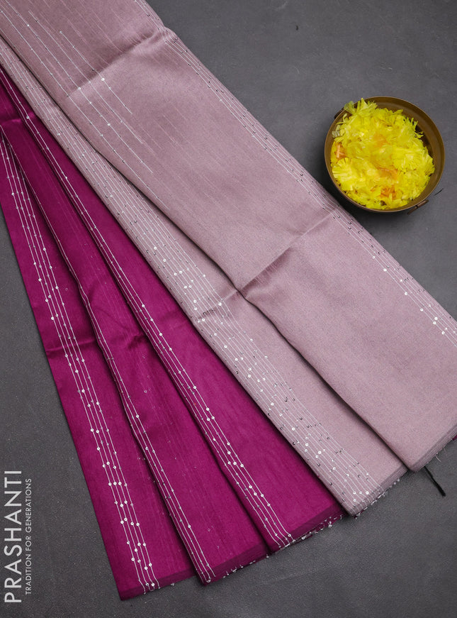 Semi dupion saree purple shade and pastel pink with allover sequin work in borderless style
