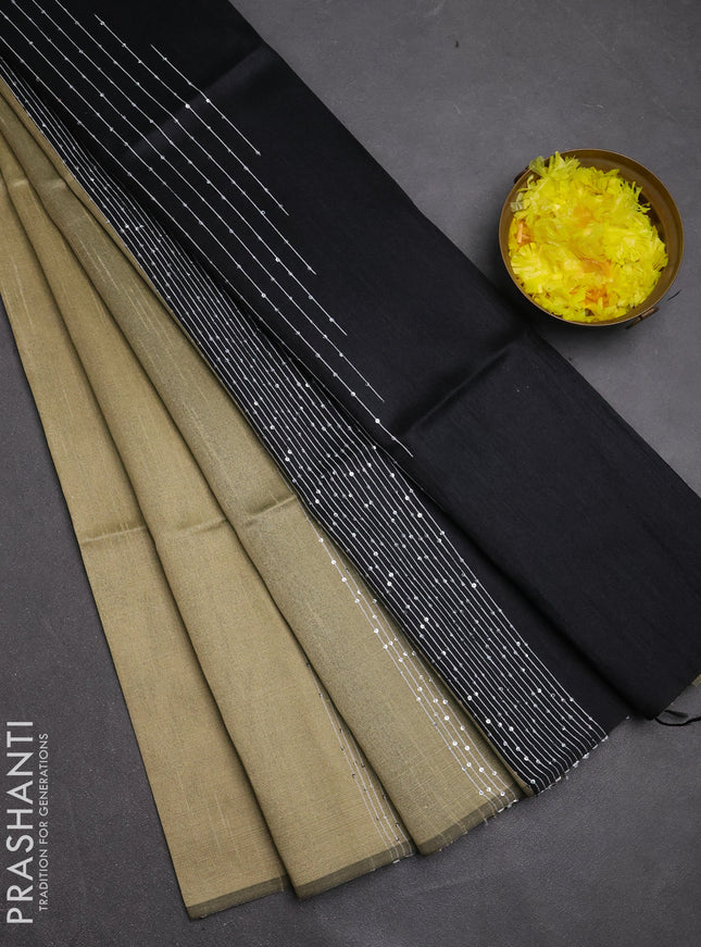 Semi dupion saree beige and black with allover sequin work in borderless style