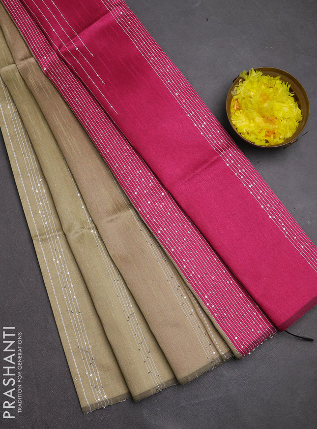 Semi dupion saree beige and pink with allover sequin work in borderless style