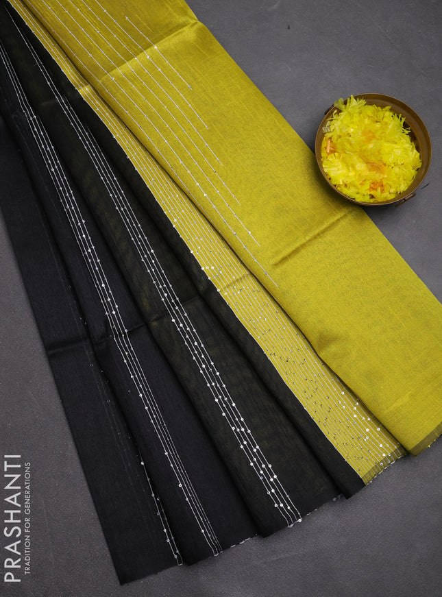 Semi dupion saree black and lime yellow with allover sequin work in borderless style