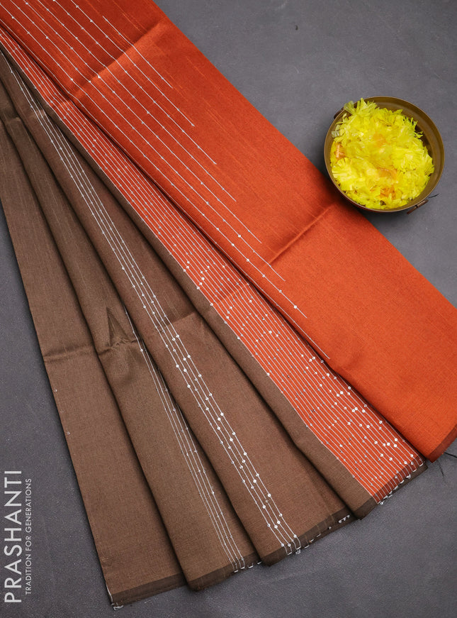 Semi dupion saree coffee brown and rust shade with allover sequin work in borderless style