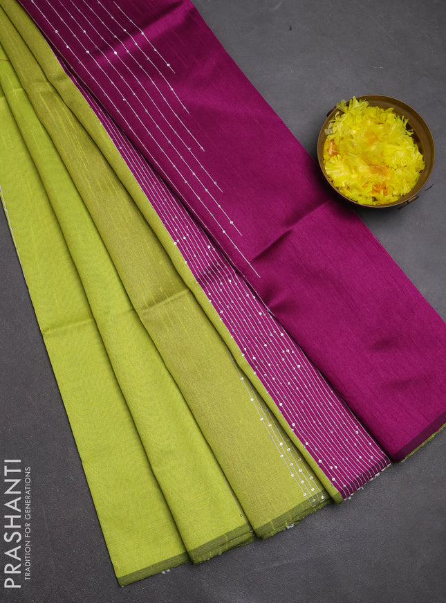 Semi dupion saree lime green and purple with allover sequin work in borderless style