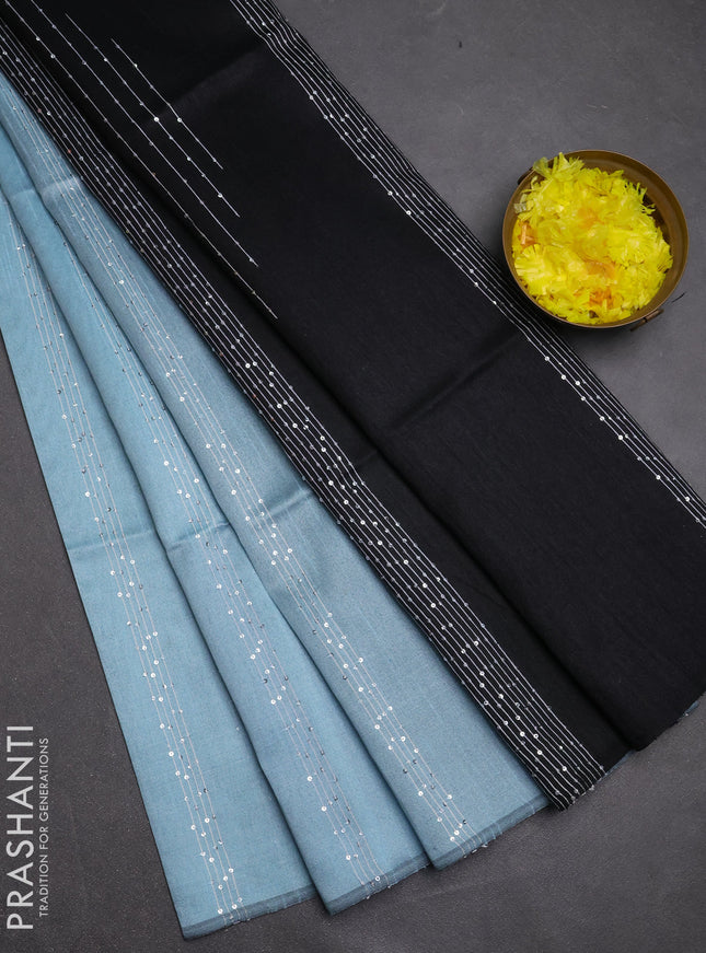 Semi dupion saree bluish grey and black with allover sequin work in borderless style