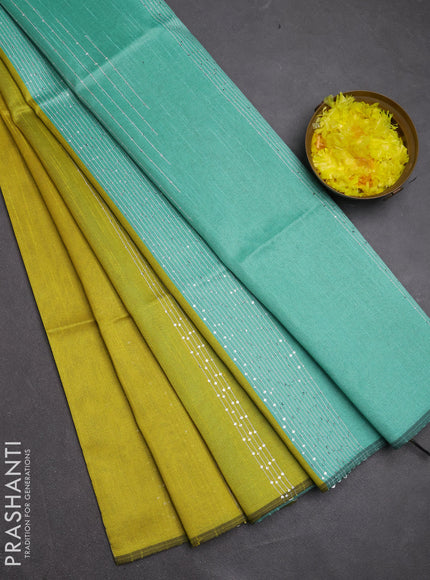 Semi dupion saree lime yellow and teal green with allover sequin work in borderless style