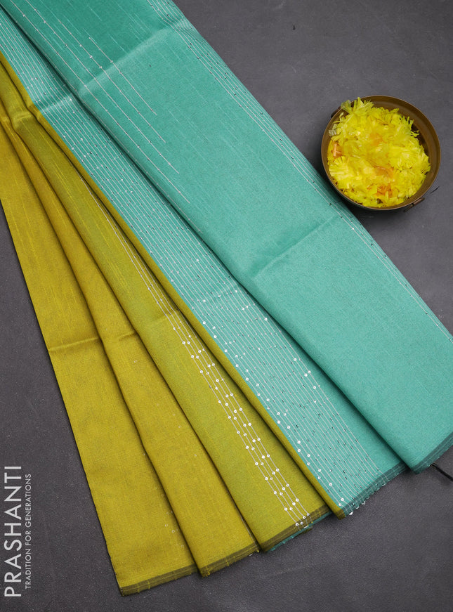 Semi dupion saree lime yellow and teal green with allover sequin work in borderless style