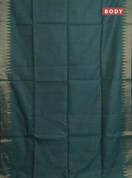 Semi dupion saree bottle green and orange with allover zari woven buttas and temple design zari woven border
