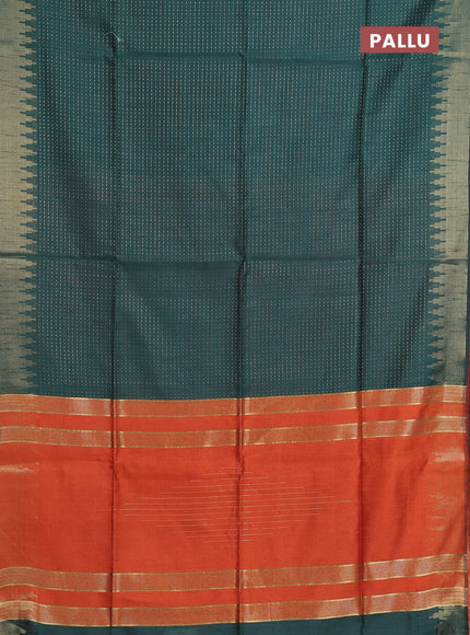 Semi dupion saree bottle green and orange with allover zari woven buttas and temple design zari woven border