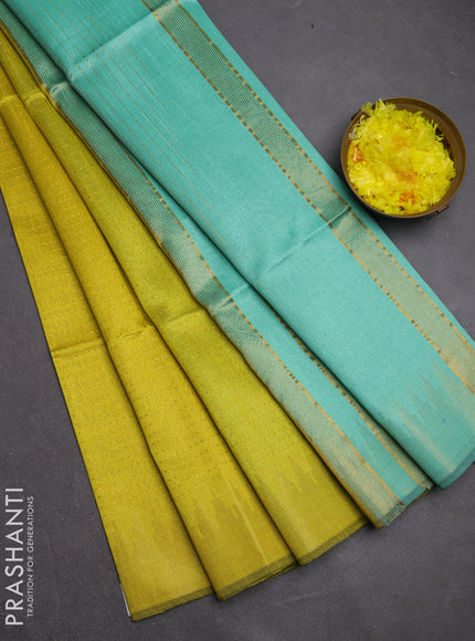 Semi dupion saree lime yellow and teal green with allover zari woven buttas and temple design zari woven border