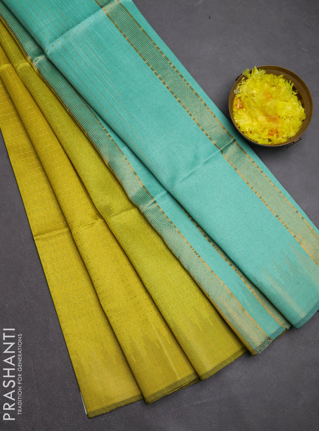 Semi dupion saree lime yellow and teal green with allover zari woven buttas and temple design zari woven border