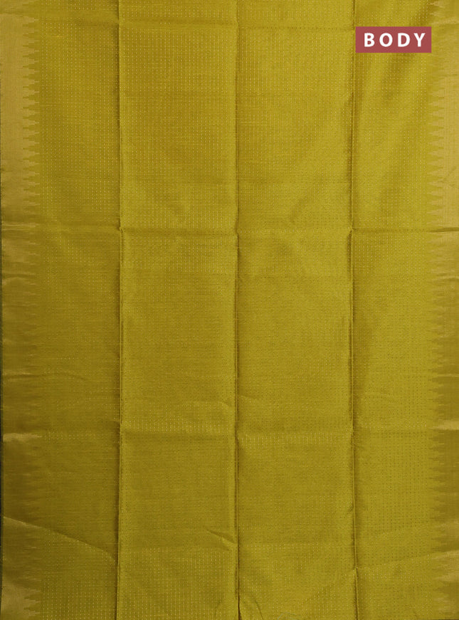 Semi dupion saree lime yellow and teal green with allover zari woven buttas and temple design zari woven border