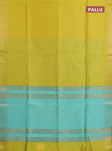Semi dupion saree lime yellow and teal green with allover zari woven buttas and temple design zari woven border