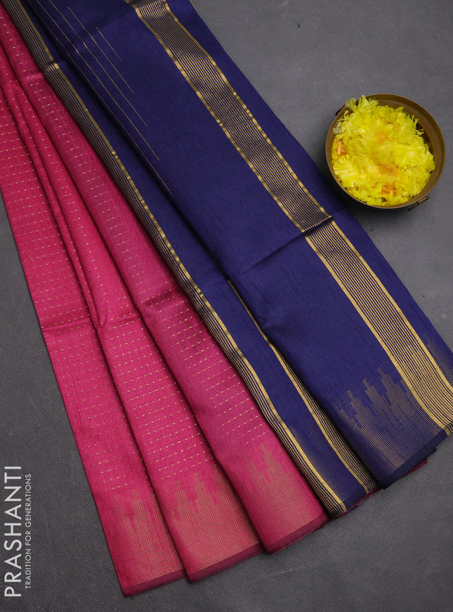Semi dupion saree pink and navy blue with allover zari woven buttas and temple design zari woven border