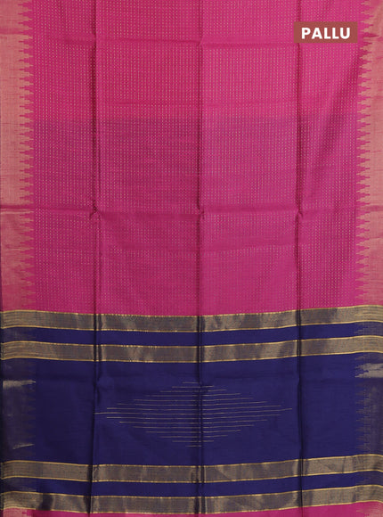 Semi dupion saree pink and navy blue with allover zari woven buttas and temple design zari woven border