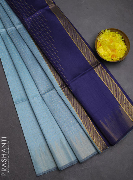 Semi dupion saree pastel blue and navy blue with allover zari woven buttas and temple design zari woven border