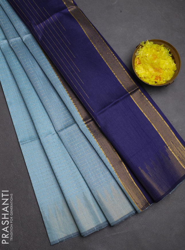Semi dupion saree pastel blue and navy blue with allover zari woven buttas and temple design zari woven border