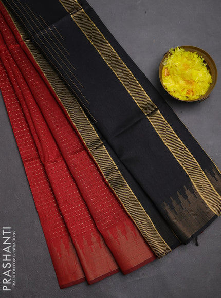 Semi dupion saree maroon and black with allover zari woven buttas and temple design zari woven border