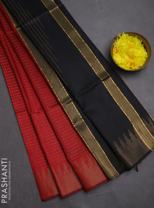 Semi dupion saree maroon and black with allover zari woven buttas and temple design zari woven border