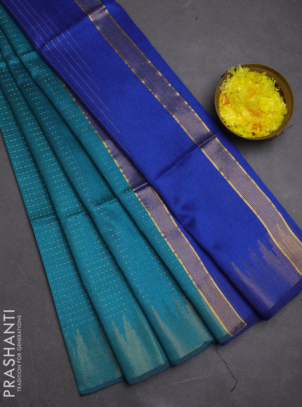 Semi dupion saree teal blue and blue with allover zari woven buttas and temple design zari woven border