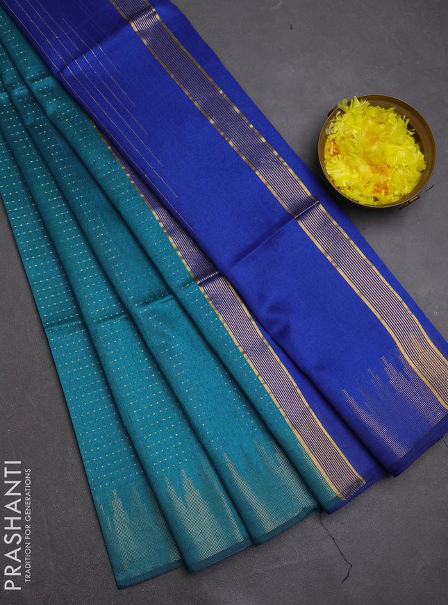 Semi dupion saree teal blue and blue with allover zari woven buttas and temple design zari woven border