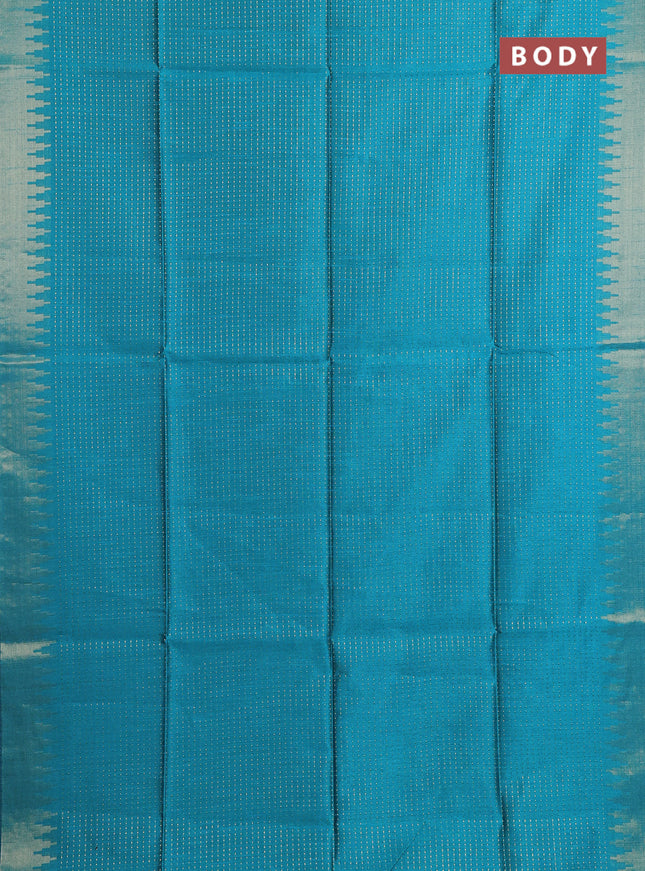 Semi dupion saree teal blue and blue with allover zari woven buttas and temple design zari woven border