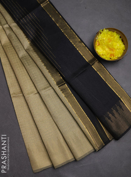 Semi dupion saree beige and black with allover zari woven buttas and temple design zari woven border