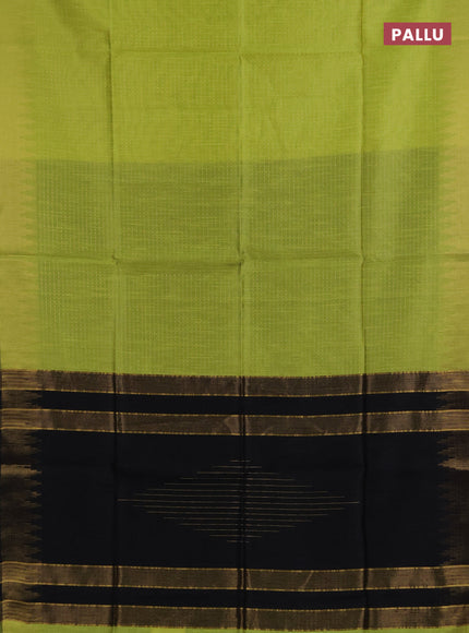 Semi dupion saree fluorescent green and black with allover zari woven buttas and temple design zari woven border