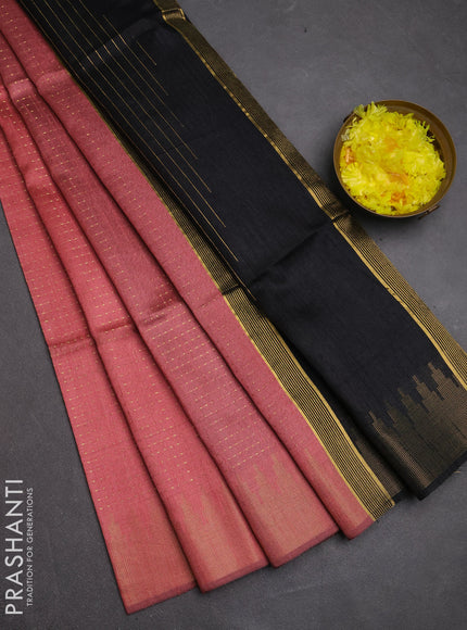 Semi dupion saree peach and black with allover zari woven buttas and temple design zari woven border