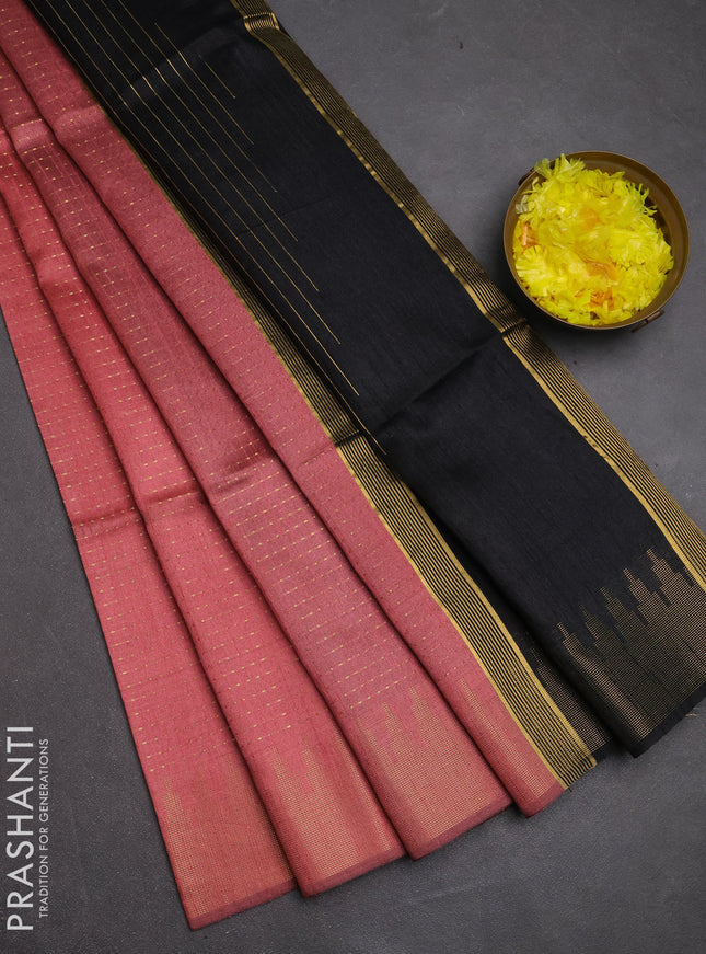 Semi dupion saree peach and black with allover zari woven buttas and temple design zari woven border