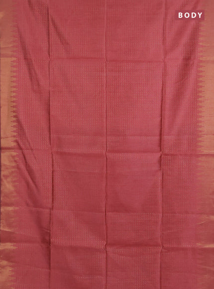Semi dupion saree peach and black with allover zari woven buttas and temple design zari woven border