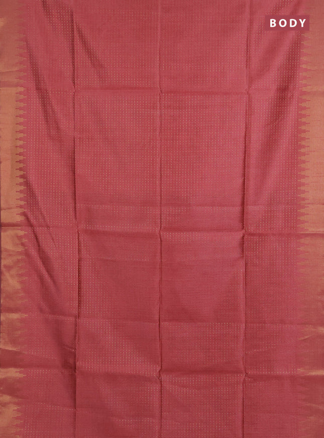 Semi dupion saree peach and black with allover zari woven buttas and temple design zari woven border