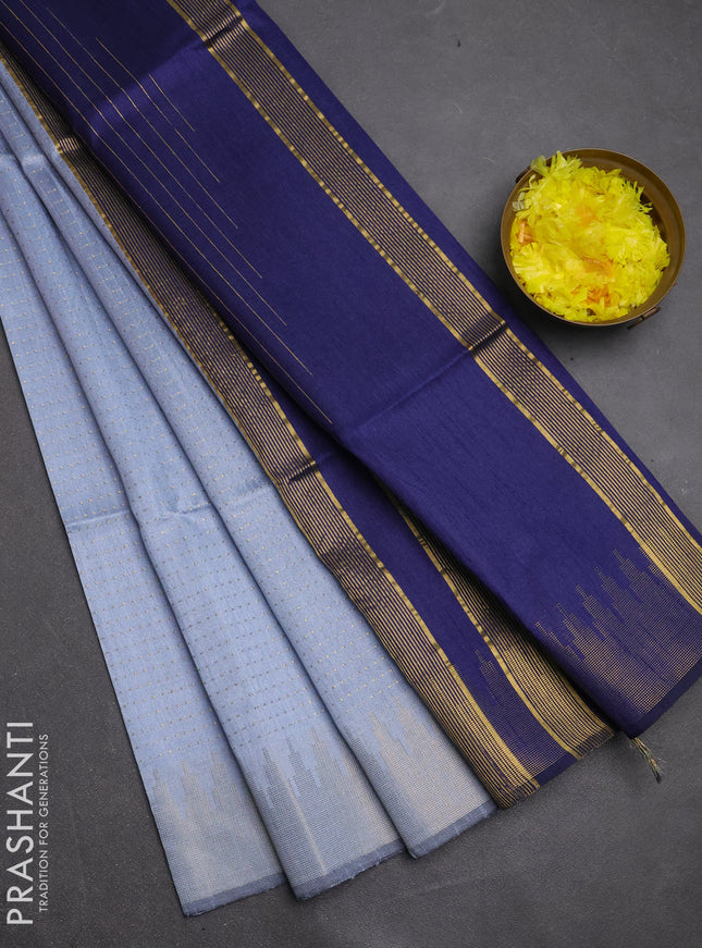 Semi dupion saree greyish blue and navy blue with allover zari woven buttas and temple design zari woven border
