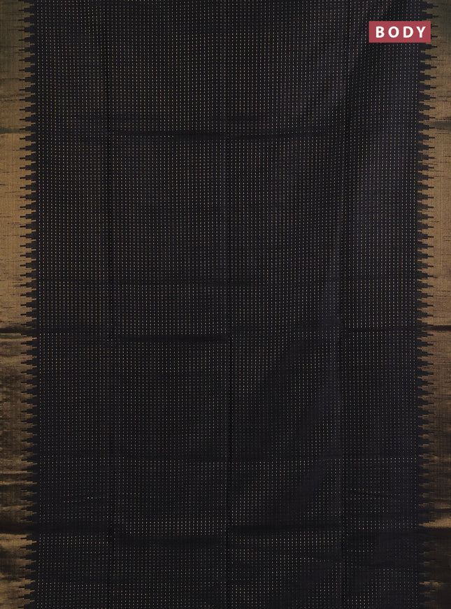 Semi dupion saree black and fluorescent green with allover zari woven buttas and temple design zari woven border