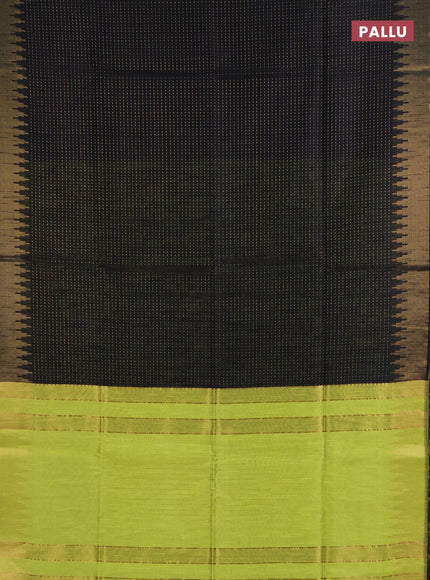 Semi dupion saree black and fluorescent green with allover zari woven buttas and temple design zari woven border