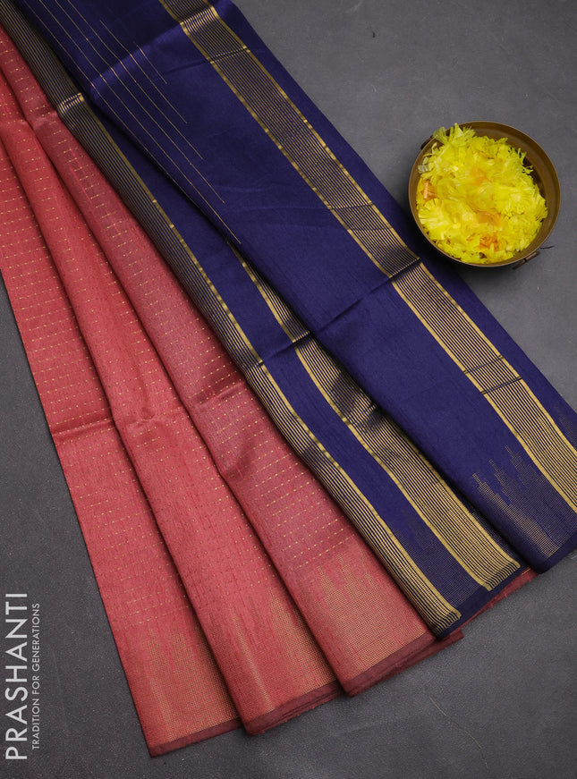 Semi dupion saree peach pink and navy blue with allover zari woven buttas and temple design zari woven border
