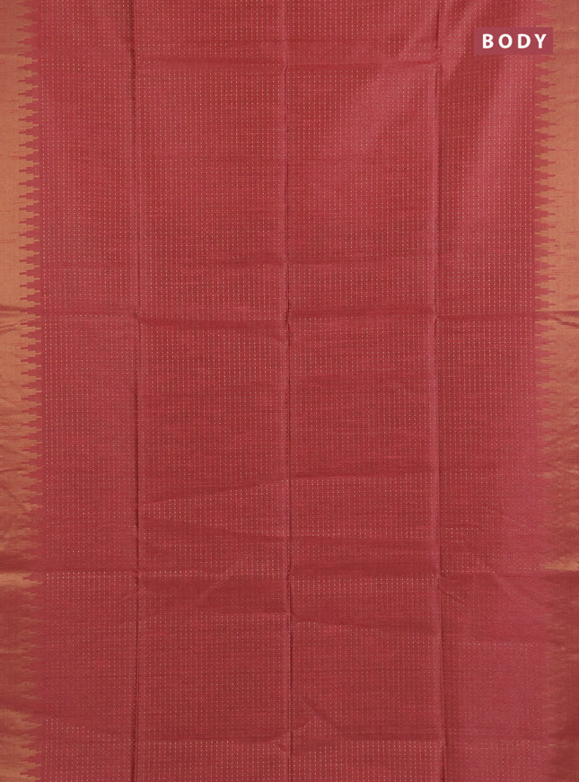 Semi dupion saree peach pink and navy blue with allover zari woven buttas and temple design zari woven border