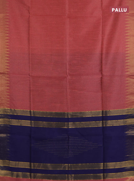 Semi dupion saree peach pink and navy blue with allover zari woven buttas and temple design zari woven border