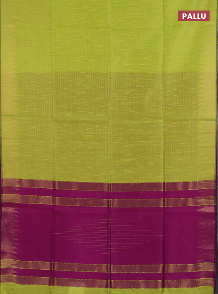 Semi dupion saree fluorescent green and purple with allover zari woven buttas and temple design zari woven border