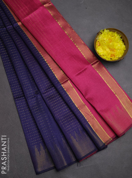Semi dupion saree navy blue and pink with allover zari woven buttas and temple design zari woven border
