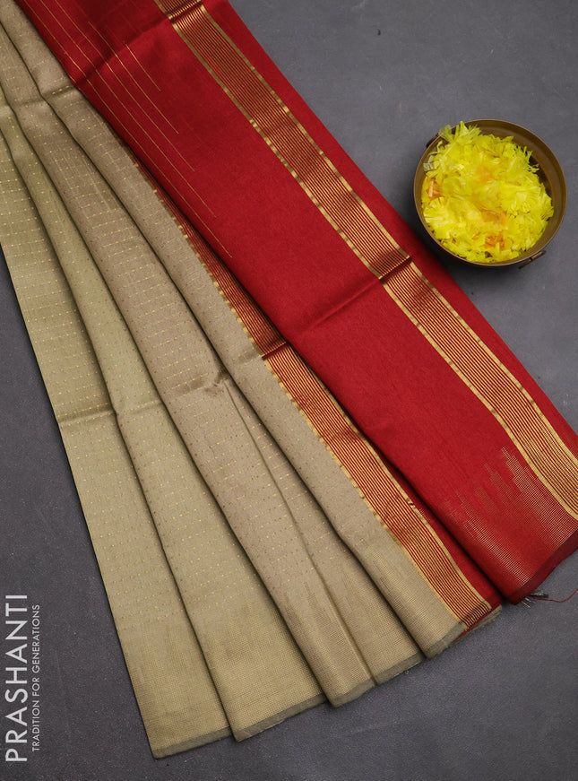 Semi dupion saree beige and maroon with allover zari woven buttas and temple design zari woven border
