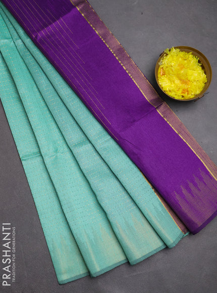 Semi dupion saree teal green and violet with allover zari woven buttas and temple design zari woven border