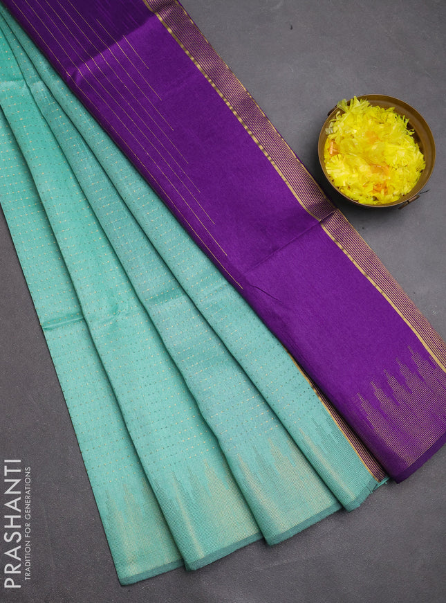 Semi dupion saree teal green and violet with allover zari woven buttas and temple design zari woven border